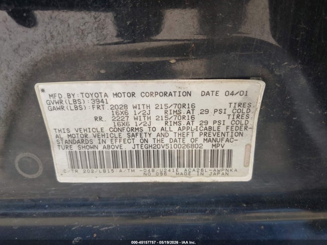 2001 Toyota Rav4 მანქანა იყიდება აუქციონზე, vin: JTEGH20V510026802, აუქციონის ნომერი: 45157757
