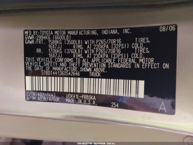 45157763 :رقم المزاد ، 5TBDT44136S542646 vin ، 2006 Toyota Tundra Sr5 V8 مزاد بيع