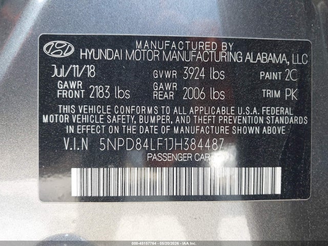 45157764 :رقم المزاد ، 5NPD84LF1JH384487 vin ، 2018 Hyundai Elantra Sel مزاد بيع