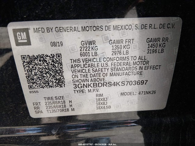 Aukcja sprzedaży 2019 Chevrolet Blazer, vin: 3GNKBDRS4KS703697, numer aukcji: 45157767