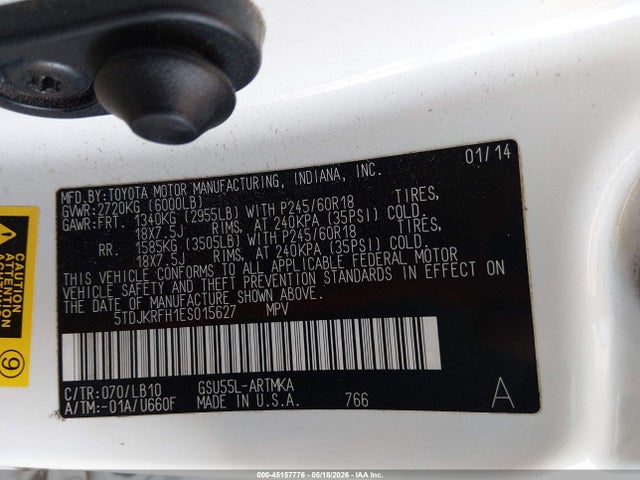 45157776 :رقم المزاد ، 5TDJKRFH1ES015627 vin ، 2014 Toyota Highlander Xle V6 مزاد بيع