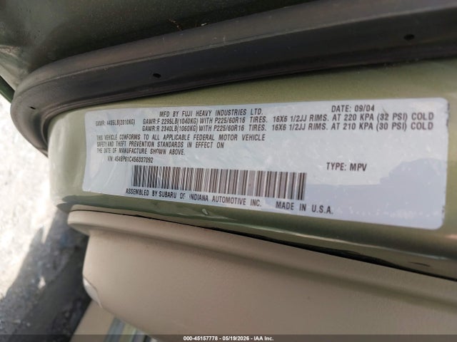 2005 Subaru Outback 2.5i მანქანა იყიდება აუქციონზე, vin: 4S4BP61C456337092, აუქციონის ნომერი: 45157778