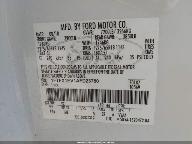 Продаж на аукціоні авто 2010 Ford F-150 Fx4/lariat/xl/xlt, vin: 1FTFX1EV1AFD23780, номер лоту: 45157779