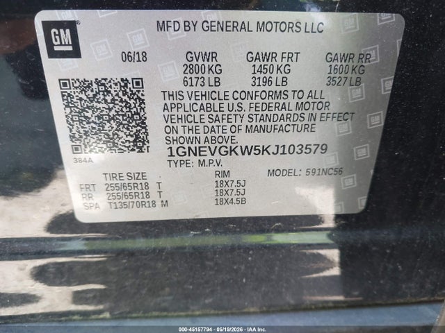 Aukcja sprzedaży 2019 Chevrolet Traverse 1lt, vin: 1GNEVGKW5KJ103579, numer aukcji: 45157794
