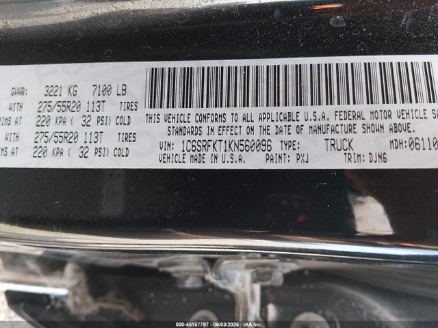 45157797 :رقم المزاد ، 1C6SRFKT1KN560096 vin ، 2019 Ram 1500 مزاد بيع
