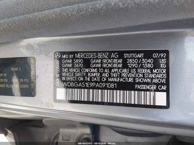 Aukcja sprzedaży 1993 Mercedes-benz 500 Sel, vin: WDBGA51E9PA091081, numer aukcji: 45157817
