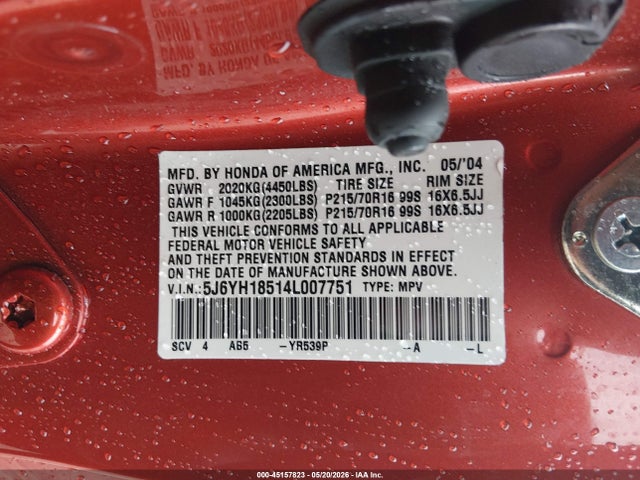 2004 Honda Element Ex მანქანა იყიდება აუქციონზე, vin: 5J6YH18514L007751, აუქციონის ნომერი: 45157823