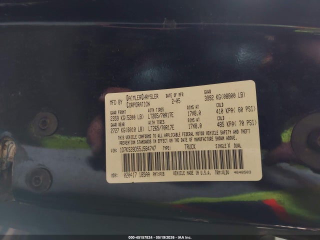 Aukcja sprzedaży 2005 Dodge Ram 2500 Slt/laramie, vin: 1D7KS28D55J584747, numer aukcji: 45157824