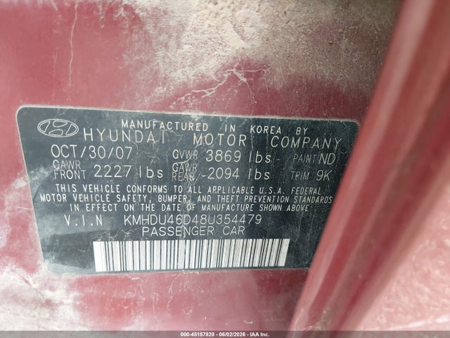 45157828 :رقم المزاد ، KMHDU46D48U354479 vin ، 2008 Hyundai Elantra Gls/se مزاد بيع