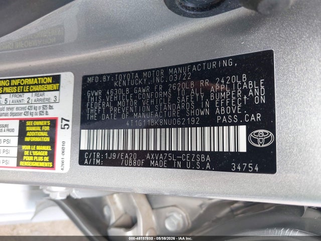 Aukcja sprzedaży 2022 Toyota Camry Se Awd, vin: 4T1G11BK8NU062192, numer aukcji: 45157832