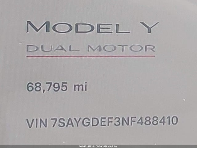 45157838 :رقم المزاد ، 7SAYGDEF3NF488410 vin ، 2022 Tesla Model Y Performance Dual Motor All-wheel Drive مزاد بيع