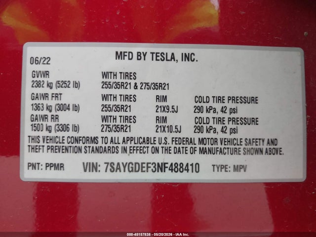 45157838 :رقم المزاد ، 7SAYGDEF3NF488410 vin ، 2022 Tesla Model Y Performance Dual Motor All-wheel Drive مزاد بيع