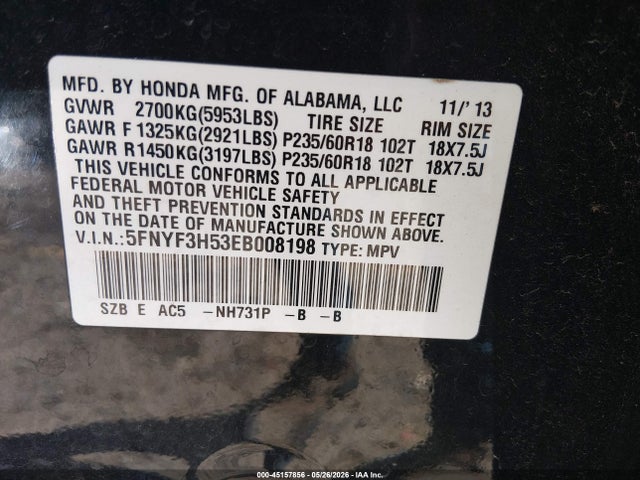 Aukcja sprzedaży 2014 Honda Pilot Ex-l, vin: 5FNYF3H53EB008198, numer aukcji: 45157856