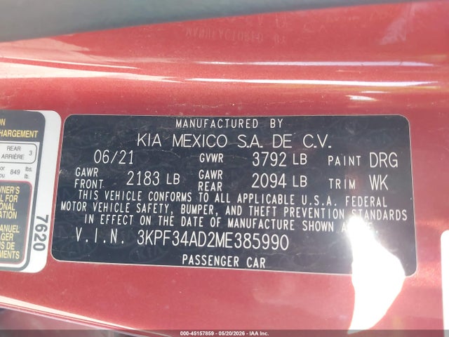 2021 Kia Forte Gt-line მანქანა იყიდება აუქციონზე, vin: 3KPF34AD2ME385990, აუქციონის ნომერი: 45157859