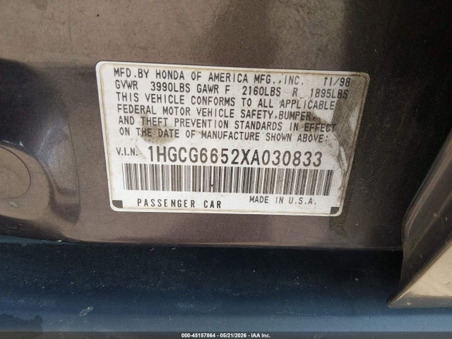 45157864 :رقم المزاد ، 1HGCG6652XA030833 vin ، 1999 Honda Accord Lx مزاد بيع