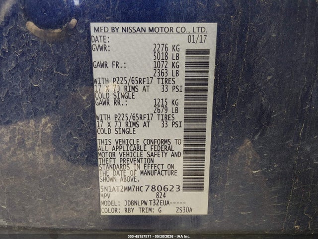 Aukcja sprzedaży 2017 Nissan Rogue S, vin: 5N1AT2MM7HC780623, numer aukcji: 45157871