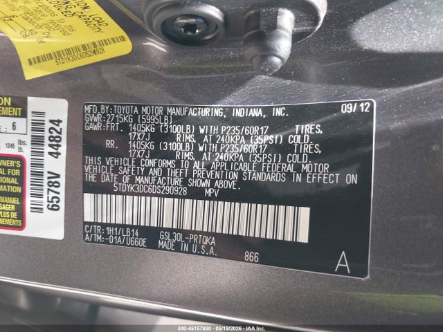 Продаж на аукціоні авто 2013 Toyota Sienna Xle V6 8 Passenger, vin: 5TDYK3DC6DS290928, номер лоту: 45157880