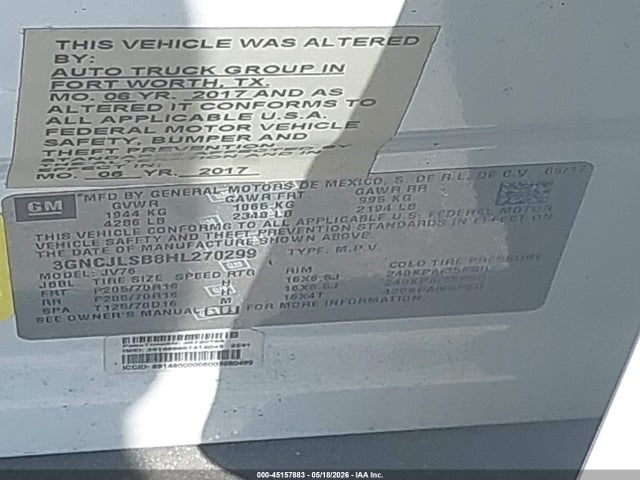 Aukcja sprzedaży 2017 Chevrolet Trax Lt, vin: 3GNCJLSB8HL270299, numer aukcji: 45157883