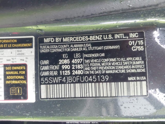 2015 Mercedes-benz C 300 მანქანა იყიდება აუქციონზე, vin: 55SWF4JB0FU045139, აუქციონის ნომერი: 45157895