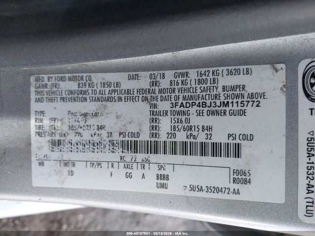 Продажа на аукционе авто 2018 Ford Fiesta Se, vin: 3FADP4BJ3JM115772, номер лота: 45157901