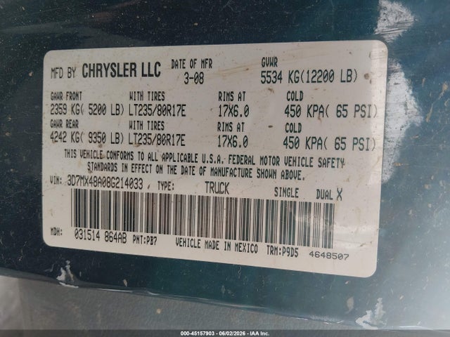 Aukcja sprzedaży 2008 Dodge Ram 3500 St/sxt, vin: 3D7MX48A08G214033, numer aukcji: 45157903