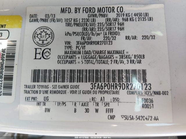 Aukcja sprzedaży 2013 Ford Fusion Se, vin: 3FA6P0HR9DR270123, numer aukcji: 45157908