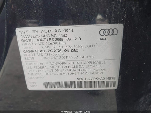 Продаж на аукціоні авто 2017 Audi Q5 2.0t Premium, vin: WA1C2AFPXHA044878, номер лоту: 45157922