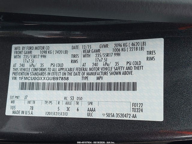 1FMCU0GXXGUB97858 Ford ESCAPE SE