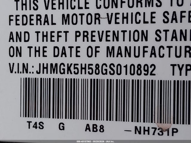 JHMGK5H58GS010892 Honda FIT LX