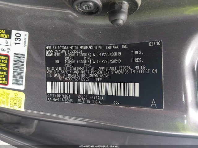 Aukcja sprzedaży 2016 Toyota Sienna Se Premium 8 Passenger, vin: 5TDXK3DC7GS712205, numer aukcji: 45157968