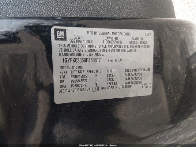 2008 Cadillac Escalade Standard მანქანა იყიდება აუქციონზე, vin: 1GYFK63868R168817, აუქციონის ნომერი: 45157972