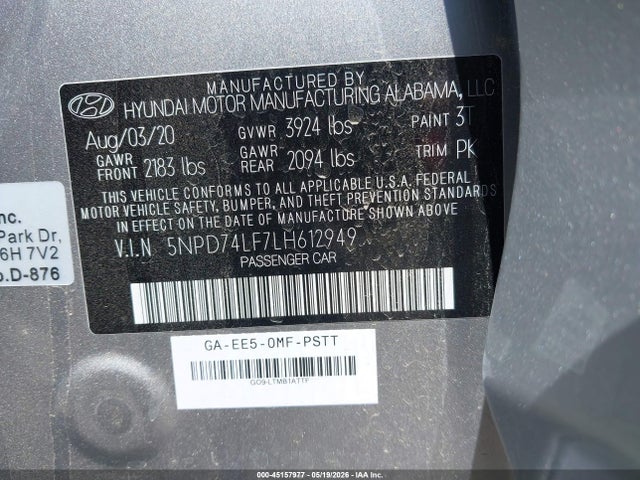 45157977 :رقم المزاد ، 5NPD74LF7LH612949 vin ، 2020 Hyundai Elantra Se مزاد بيع