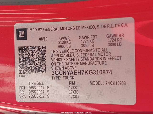 Продажа на аукционе авто 2019 Chevrolet Silverado 1500 Work Truck, vin: 3GCNYAEH7KG310874, номер лота: 45157978