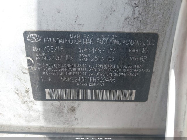 45157981 :رقم المزاد ، 5NPE24AF1FH200486 vin ، 2015 Hyundai Sonata Se مزاد بيع