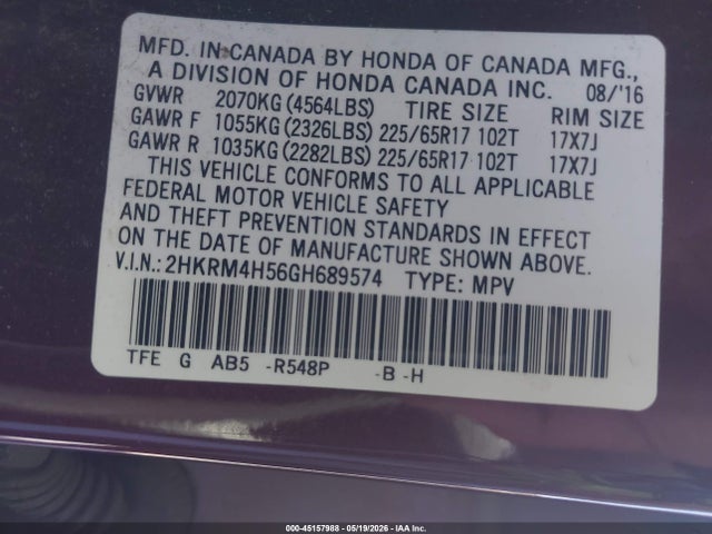 Продажа на аукционе авто 2016 Honda Cr-v Ex, vin: 2HKRM4H56GH689574, номер лота: 45157988