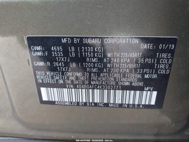 Aukcja sprzedaży 2019 Subaru Outback 2.5i Premium, vin: 4S4BSAFC4K3302771, numer aukcji: 45157999