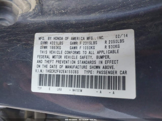 Продаж на аукціоні авто 2014 Honda Accord Ex-l, vin: 1HGCR2F82EA155065, номер лоту: 45158004