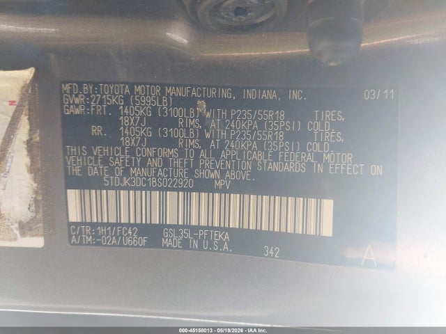 45158013 :رقم المزاد ، 5TDJK3DC1BS022920 vin ، 2011 Toyota Sienna Le مزاد بيع