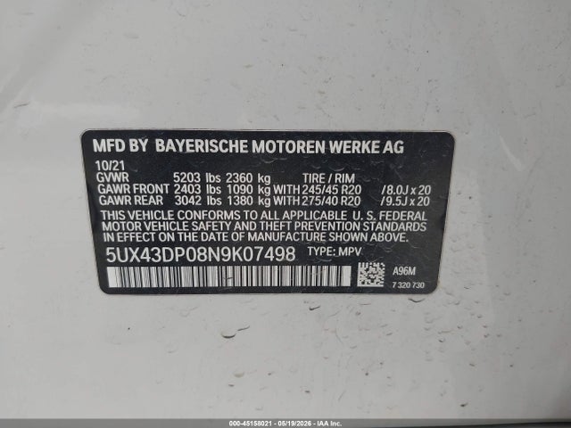BMW X3 Sdrive30i 2022 5UX43DP08N9K07498 Image 9