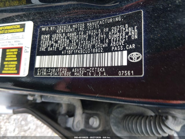 45158028 :رقم المزاد ، 4T1BF1FK6CU016802 vin ، 2012 Toyota Camry Se مزاد بيع