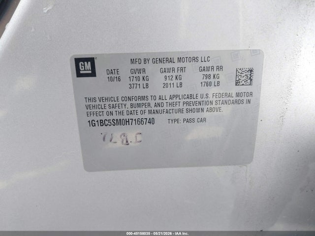 45158035 :رقم المزاد ، 1G1BC5SM0H7166740 vin ، 2017 Chevrolet Cruze Ls Auto مزاد بيع