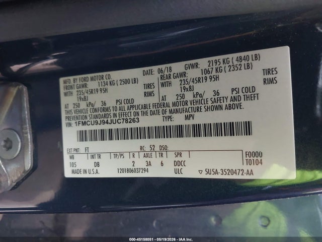 Продажа на аукционе авто 2018 Ford Escape Titanium, vin: 1FMCU9J94JUC78263, номер лота: 45158051