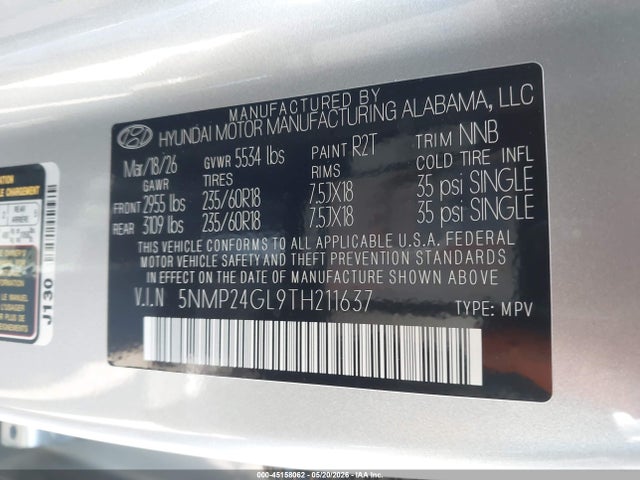 Aukcja sprzedaży 2026 Hyundai Santa Fe Sel, vin: 5NMP24GL9TH211637, numer aukcji: 45158062