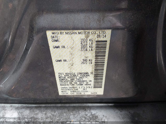 Aukcja sprzedaży 2015 Nissan Altima 2.5/2.5 S/2.5 Sl/2.5 Sv, vin: 1N4AL3AP8FC175392, numer aukcji: 45158069