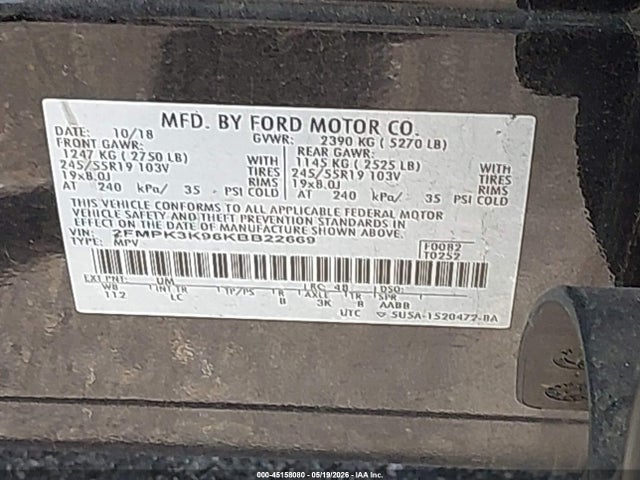 Aukcja sprzedaży 2019 Ford Edge Titanium, vin: 2FMPK3K96KBB22669, numer aukcji: 45158080