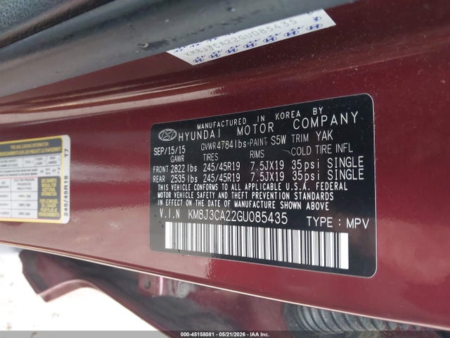 2016 Hyundai Tucson Limited მანქანა იყიდება აუქციონზე, vin: KM8J3CA22GU085435, აუქციონის ნომერი: 45158081