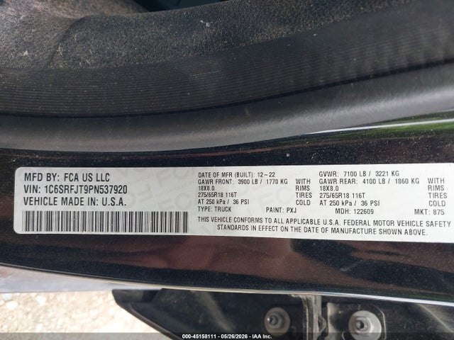 45158111 :رقم المزاد ، 1C6SRFJT9PN537920 vin ، 2023 Ram 1500 Laramie  4x4 5'7 Box مزاد بيع