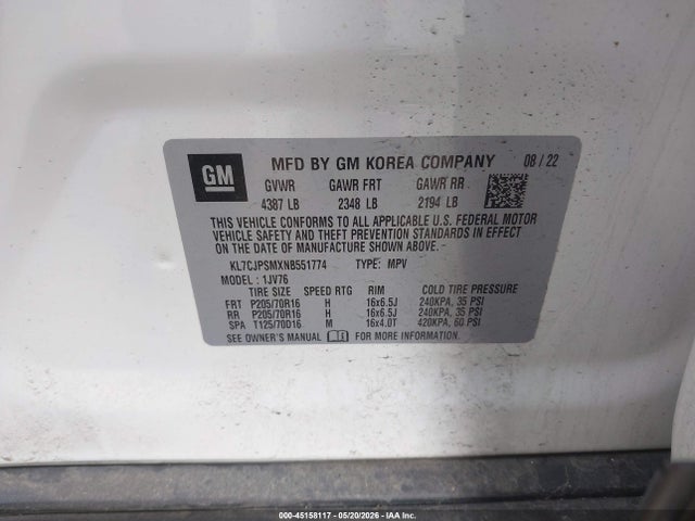 2022 Chevrolet Trax Awd Lt მანქანა იყიდება აუქციონზე, vin: KL7CJPSMXNB551774, აუქციონის ნომერი: 45158117