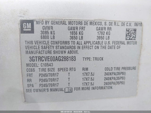 2010 Gmc Sierra 1500 Sle მანქანა იყიდება აუქციონზე, vin: 3GTRCVE00AG288183, აუქციონის ნომერი: 45158120