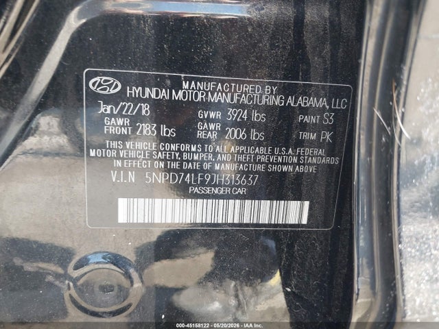 45158122 :رقم المزاد ، 5NPD74LF9JH313637 vin ، 2018 Hyundai Elantra Se مزاد بيع